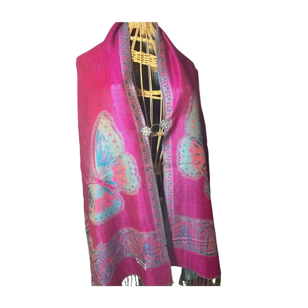 100 % Cashmere Pashmina Reversible Teal and Pink Butterflies and Medallion NWT